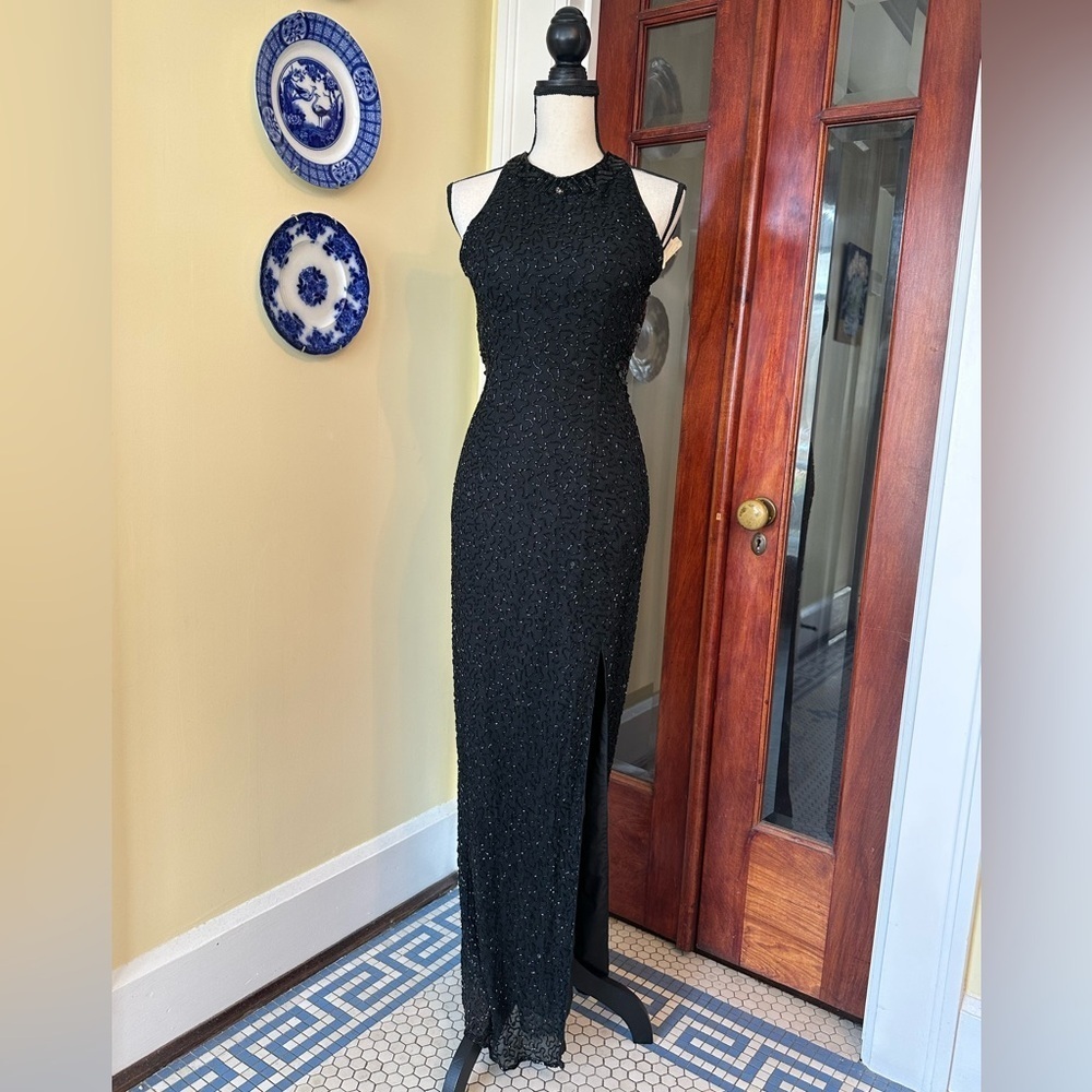 Andretta Donatello | 90s Black Silk Beaded Floor Length Maxi Gown, Size M